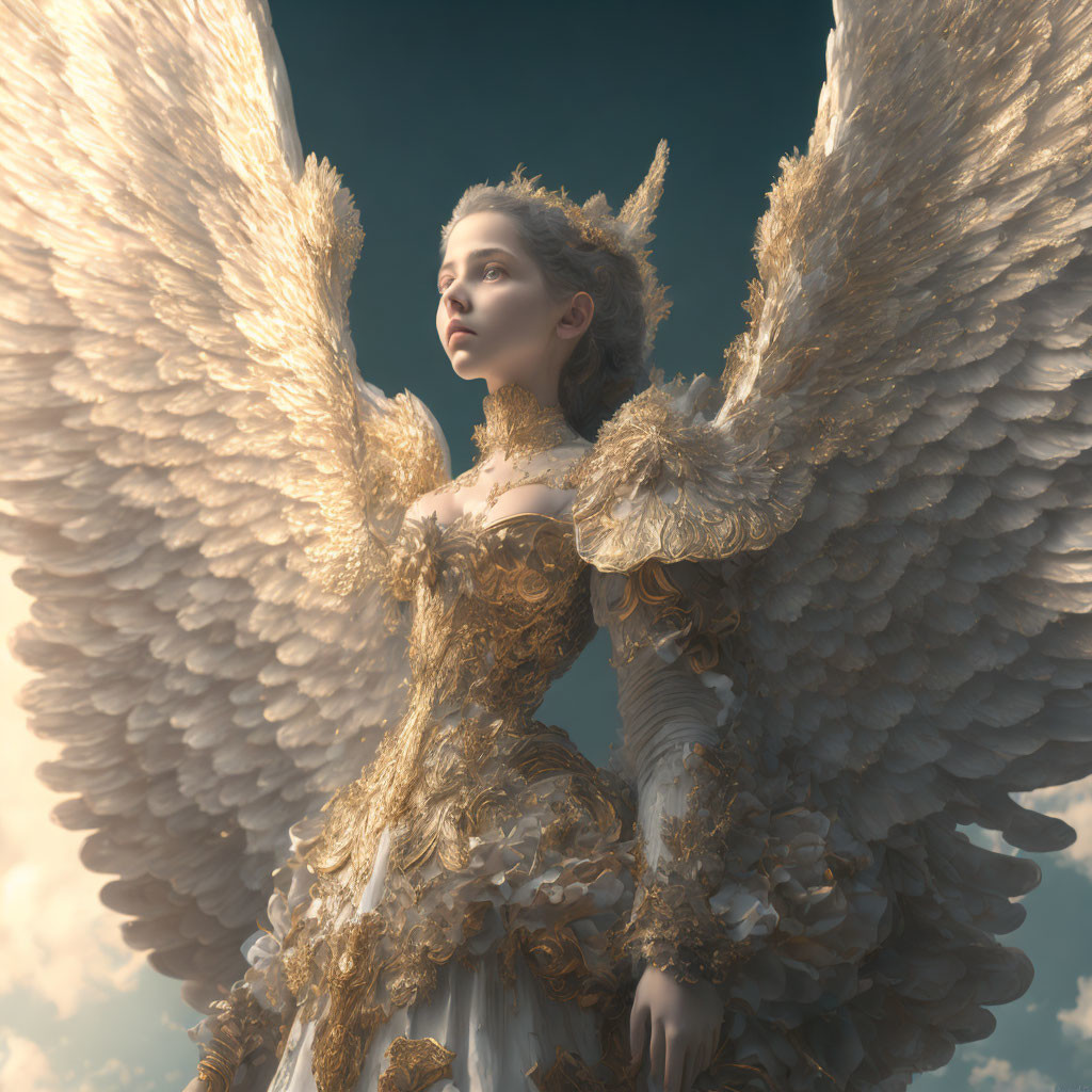 Winged figure in golden dress against cloudy sky