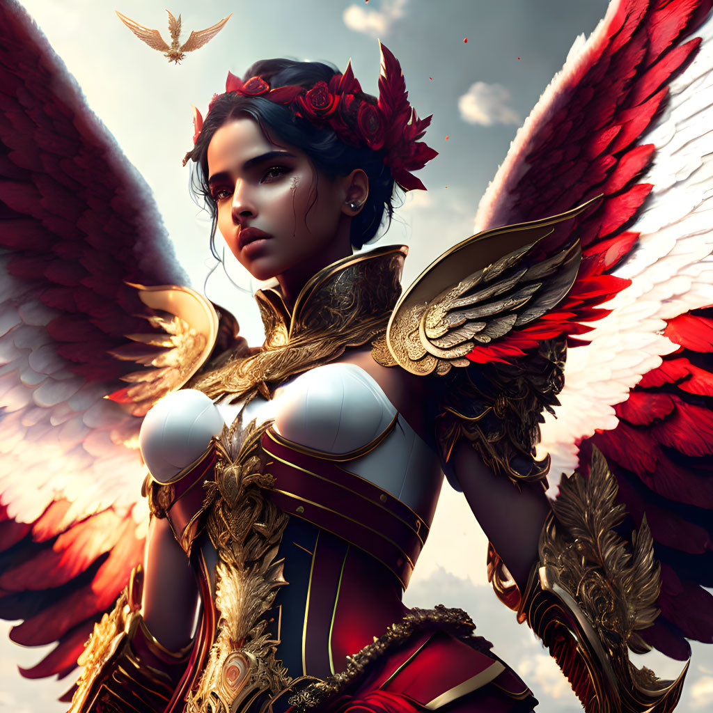 Fantasy warrior digital art with red angelic wings and golden armor