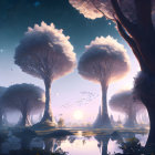 Majestic twilight landscape with tall trees, serene water, and celestial sky.