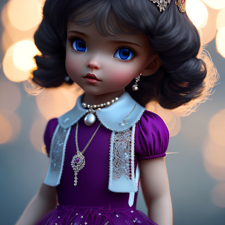 Doll with Blue Eyes, Curly Hair, Purple Dress, Pearls, Lace on Bokeh