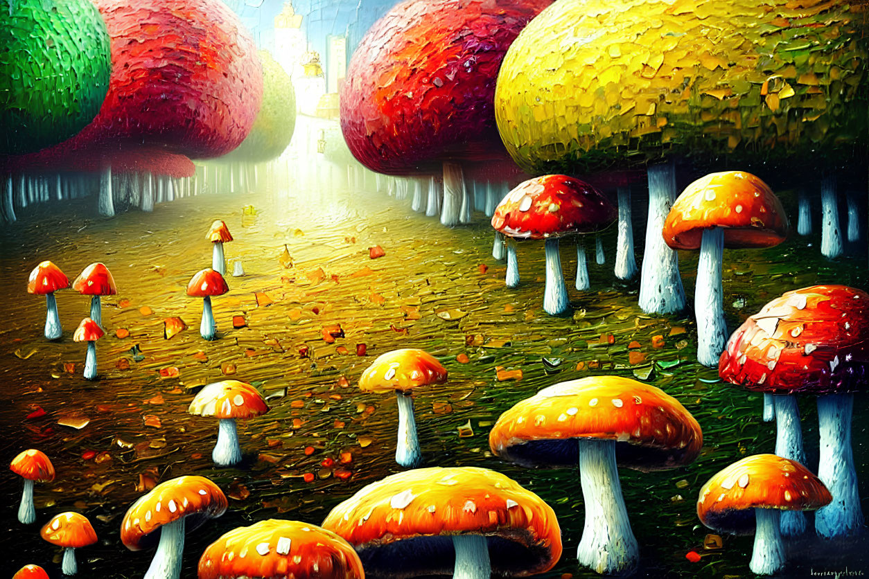 Vibrant oversized mushrooms in whimsical forest landscape