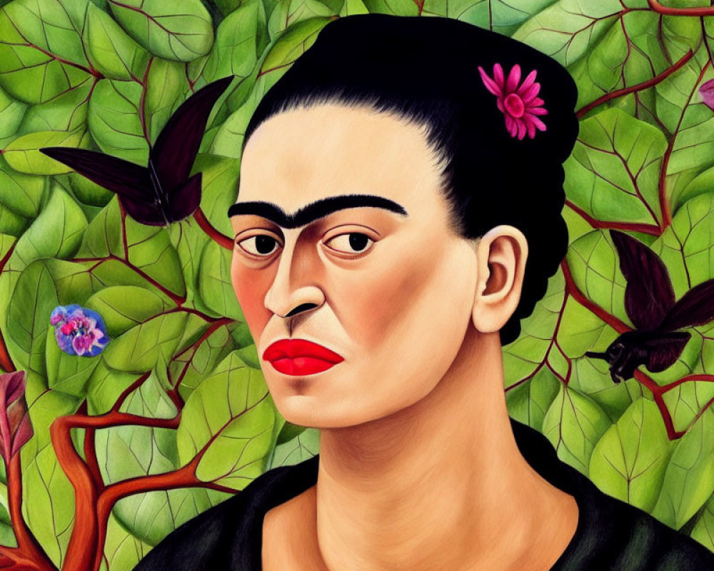 Vibrant illustration of woman with unibrow and floral hair accessory amid greenery and butterflies