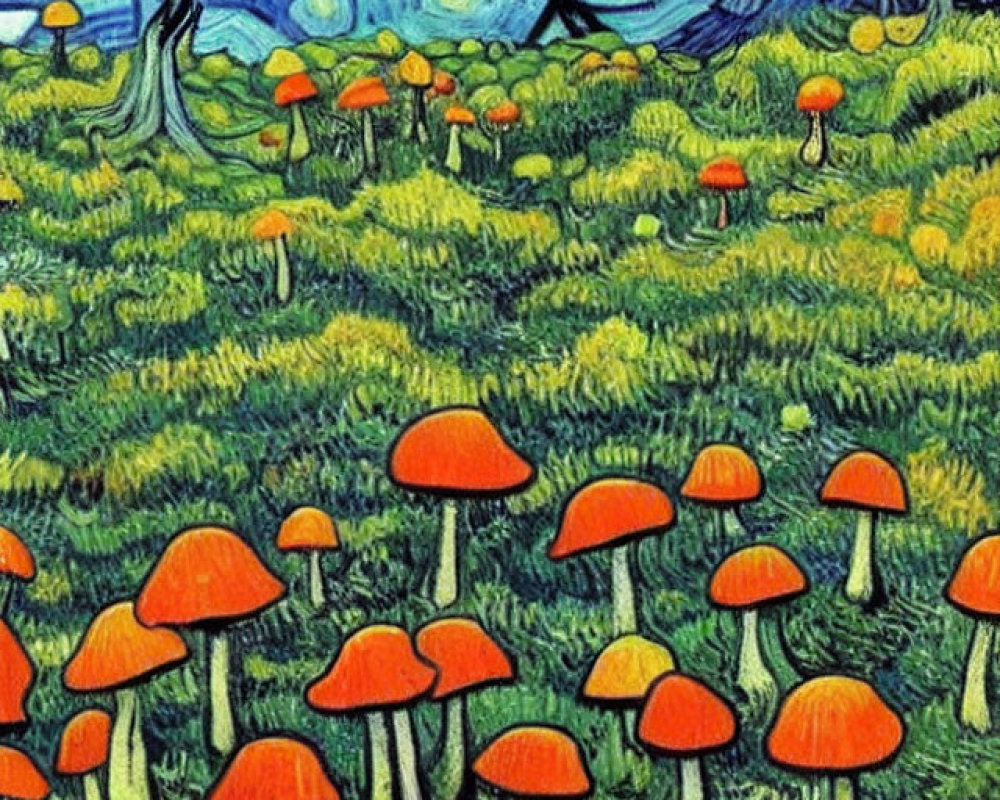 Vibrant field of orange mushrooms under starry sky