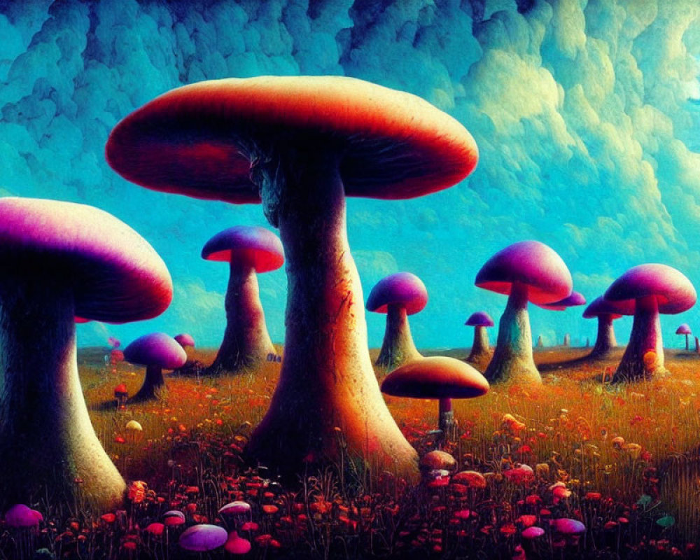 Colorful Enchanted Forest with Neon Mushrooms and Dreamy Sky