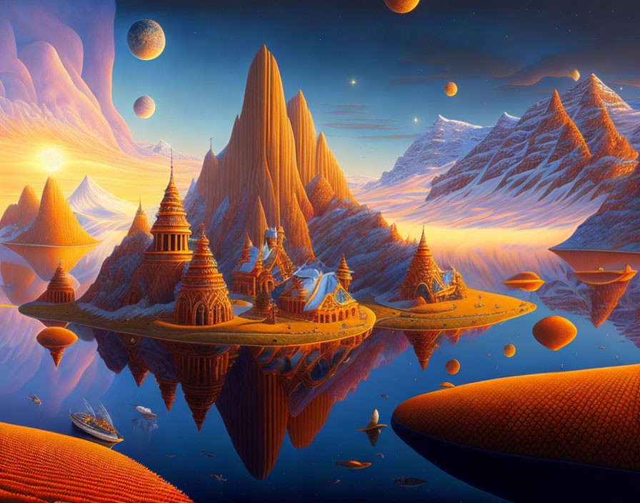Fantastical landscape with ornate buildings, mountains, water, and multiple moons