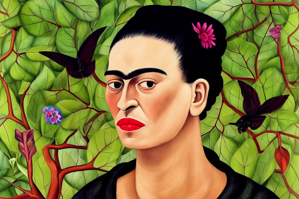 Vibrant illustration of woman with unibrow and floral hair accessory amid greenery and butterflies