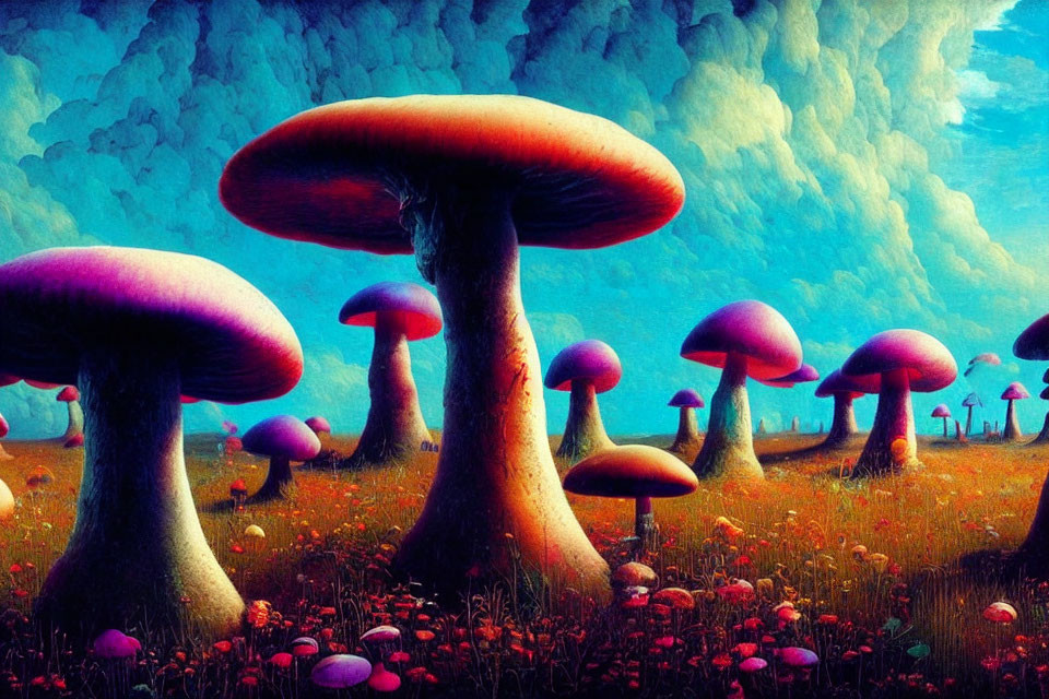 Colorful Enchanted Forest with Neon Mushrooms and Dreamy Sky