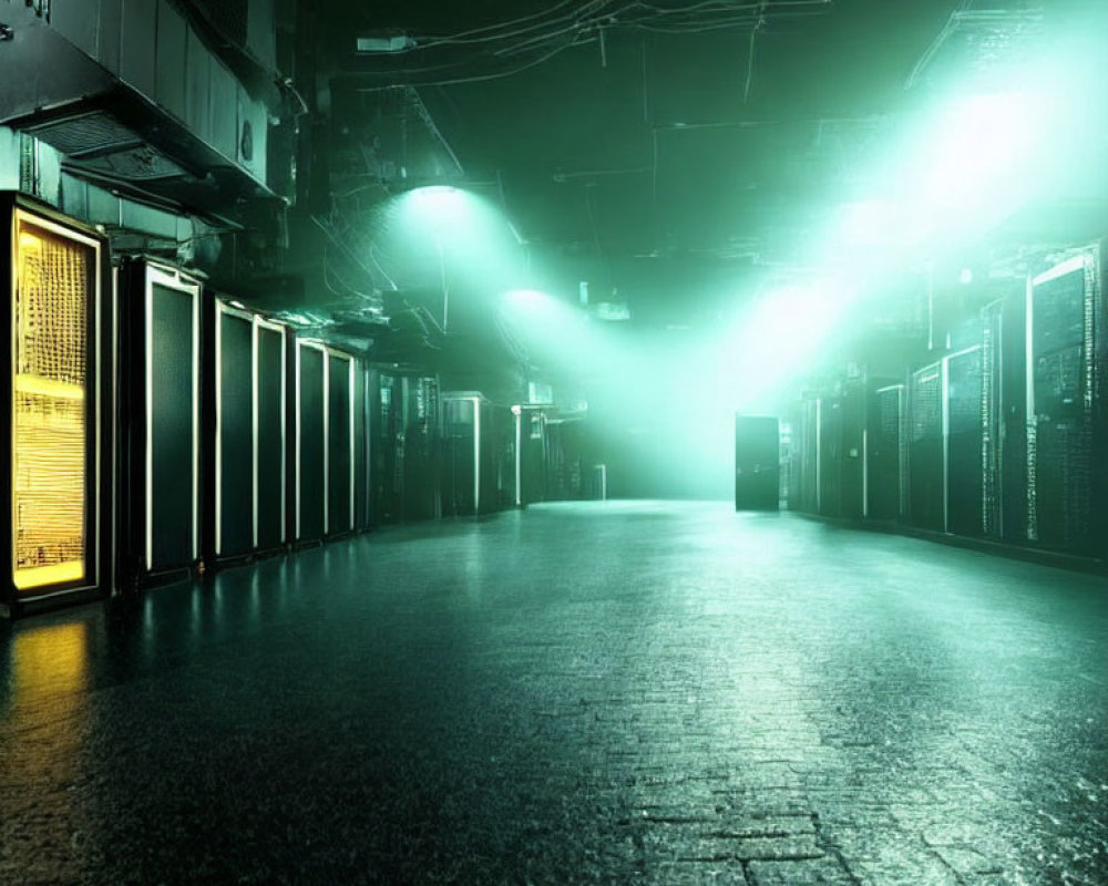 Modern data center with green-lit server racks