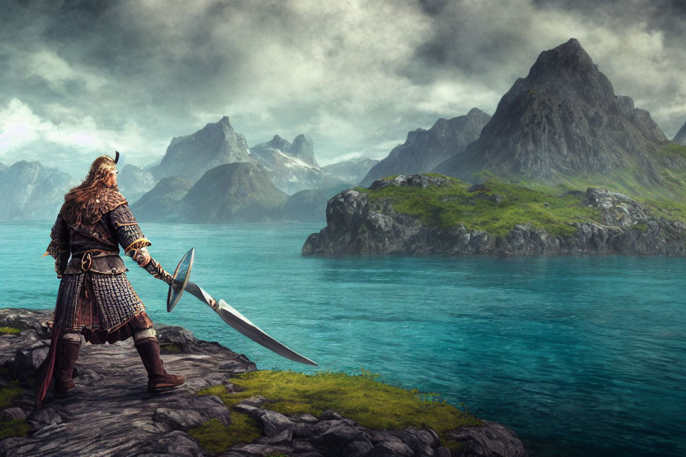 Armored warrior gazes at serene sea and mountains with sword.