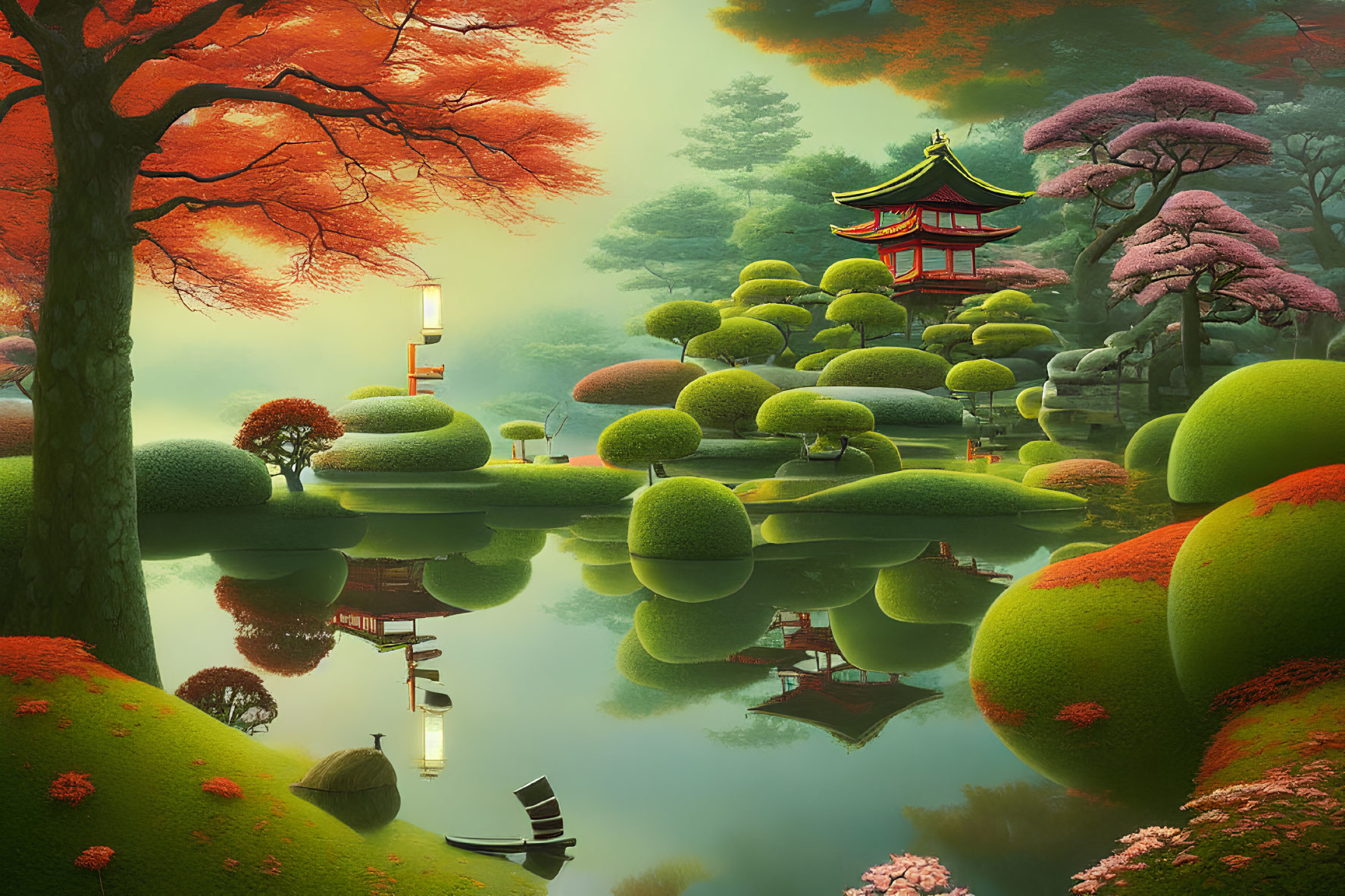 Tranquil Japanese garden with red pagoda, autumn trees, and serene pond