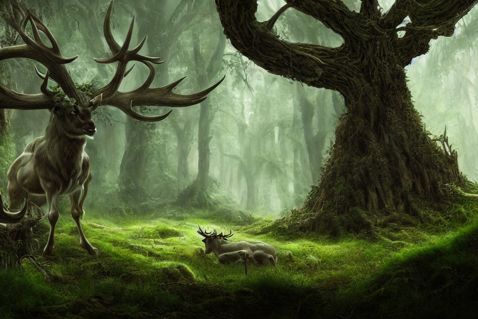 Enchanted forest scene with mystical tree and deer in foggy setting