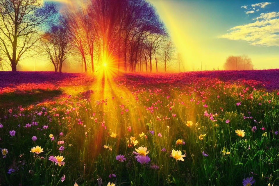 Vibrant flower field at sunset with golden hues and radiant sunlight