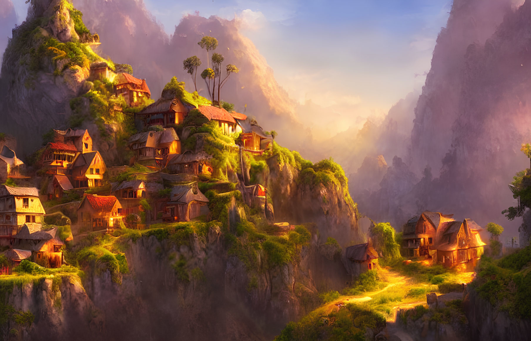 Scenic village on sunlit mountain slopes with cozy houses among trees