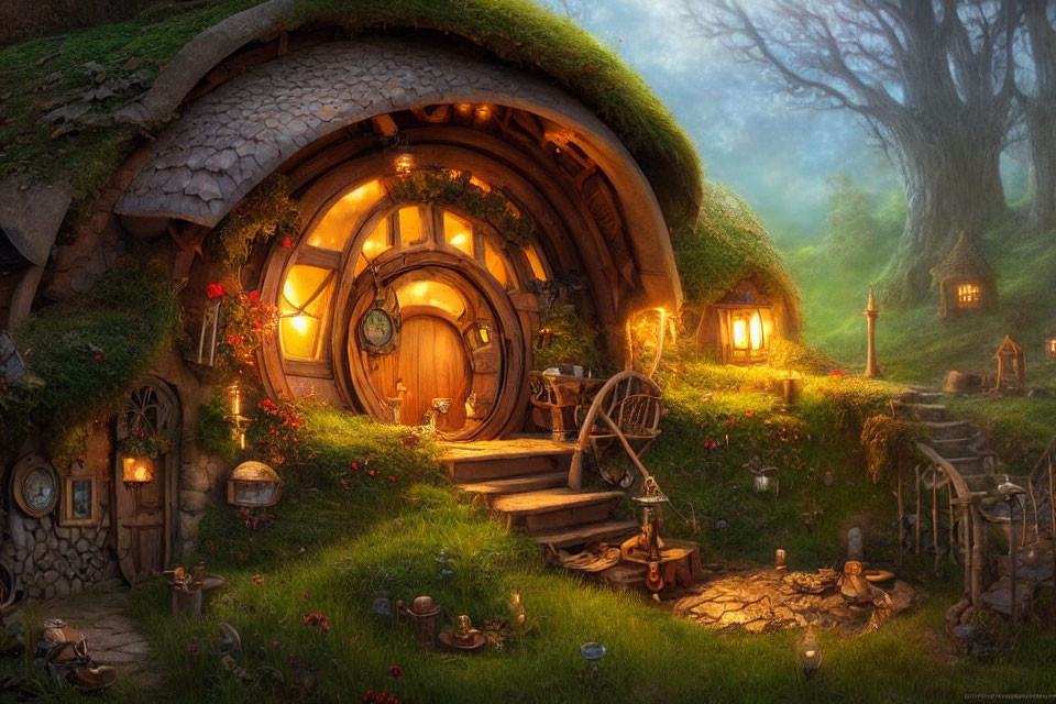 Cozy hobbit house nestled under grassy hill with round door