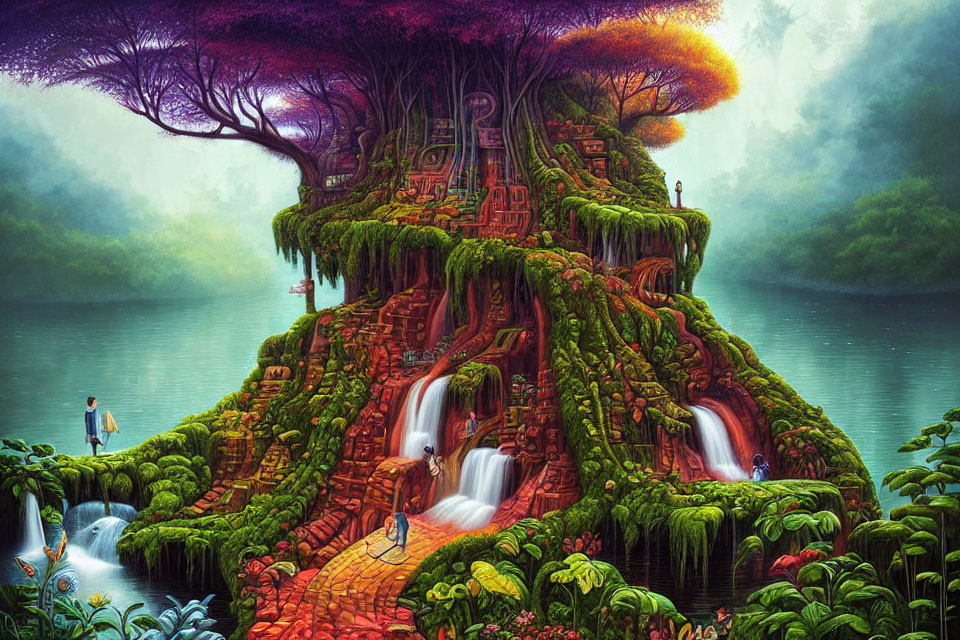 Mystical landscape with ancient tree, ruins, waterfalls, and lush vegetation