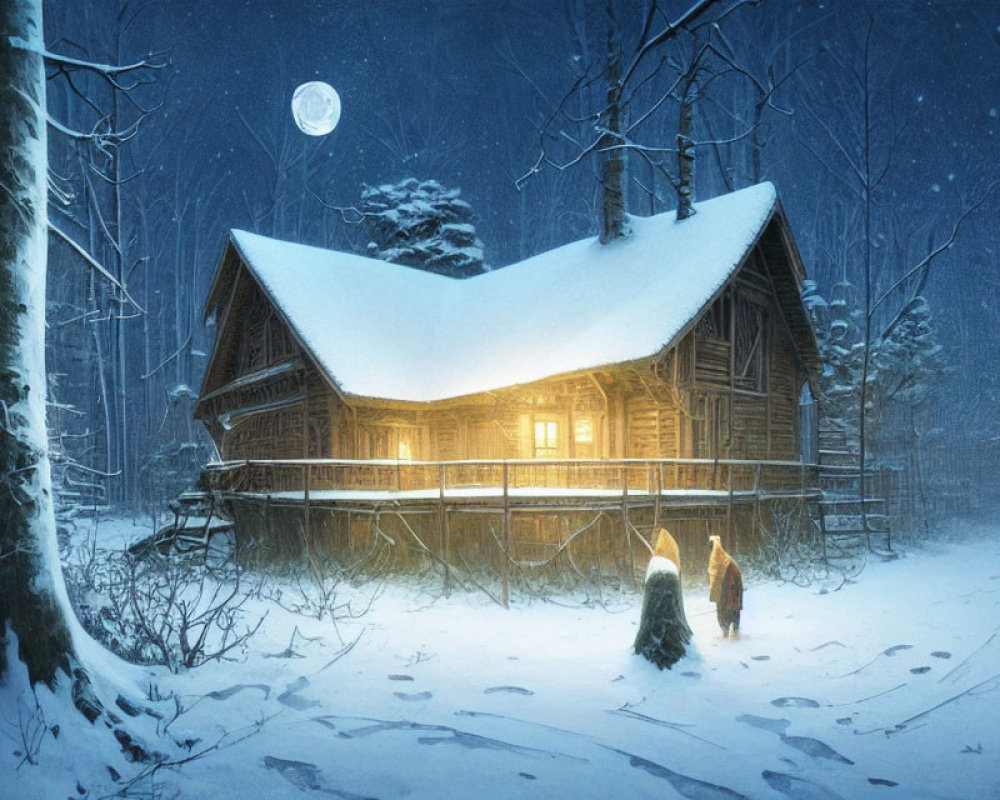 Snowy forest scene: Cozy wooden cabin under full moon