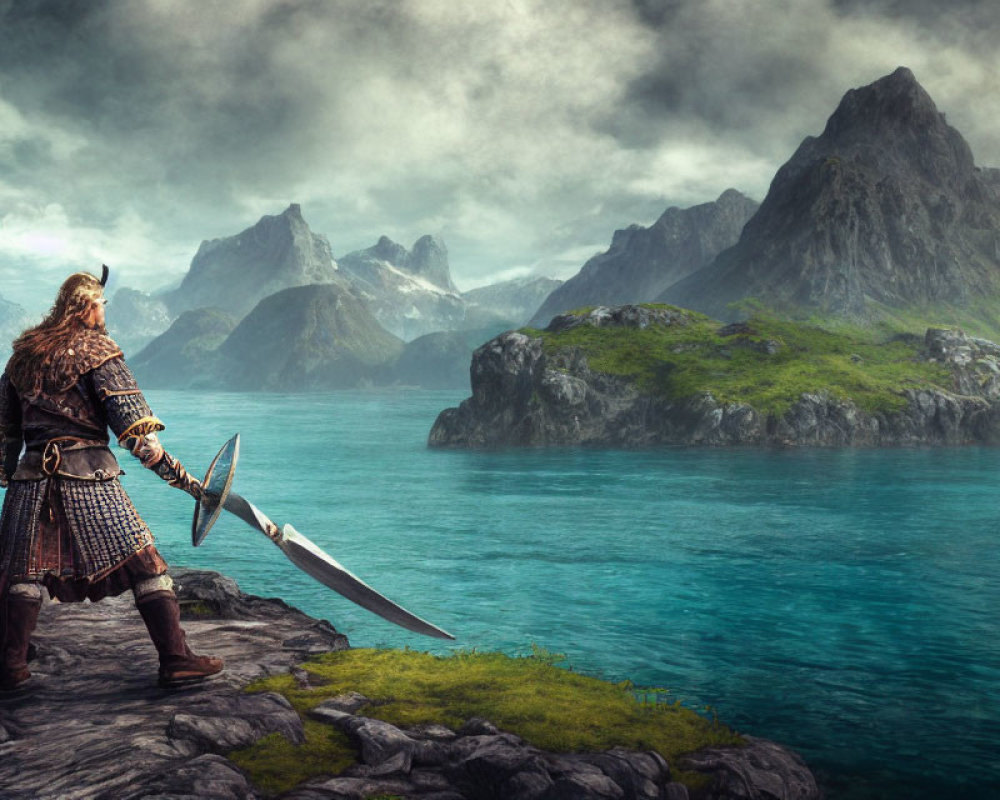 Armored warrior gazes at serene sea and mountains with sword.