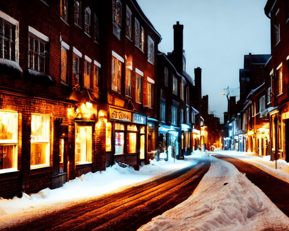 Snow-covered street with illuminated shop fronts at dusk