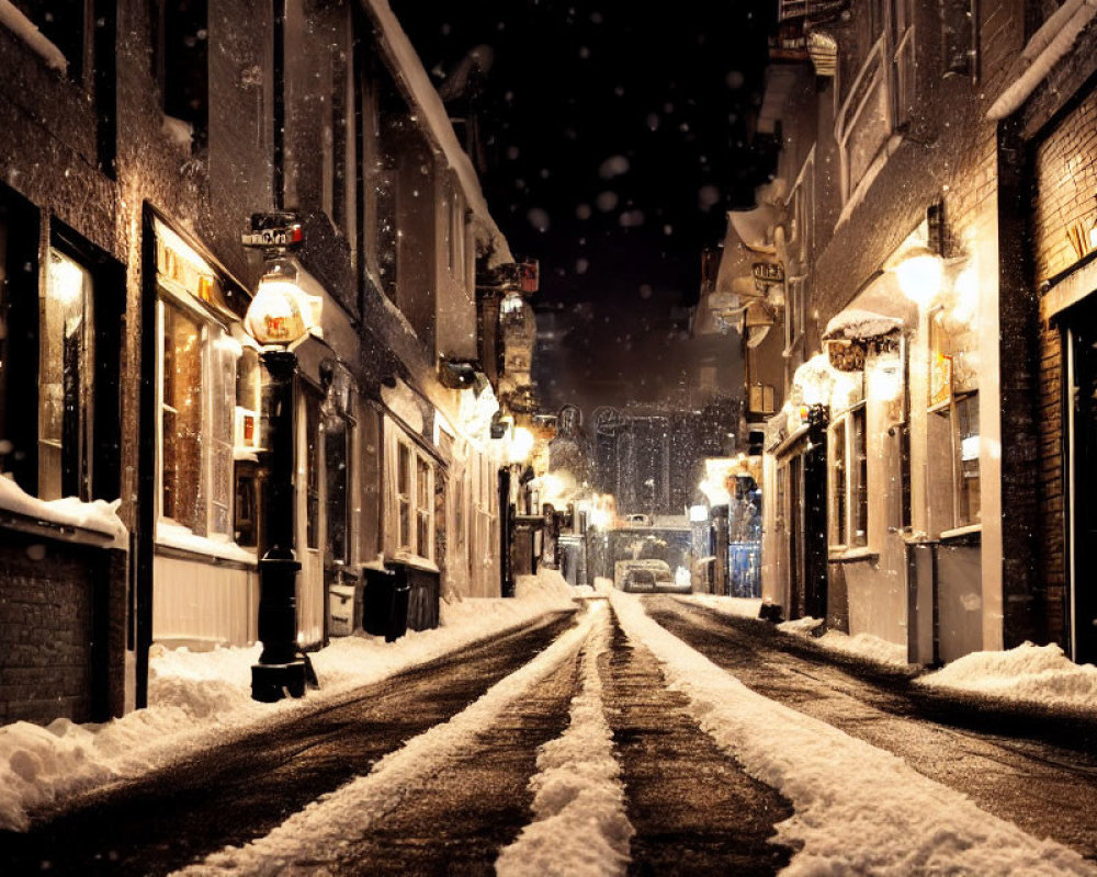 Snowy Evening Scene: Quaint Street with Illuminated Shopfronts