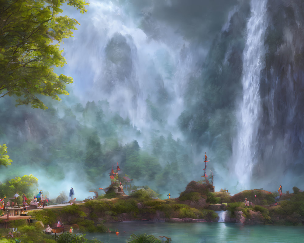 Fantasy scene with bridges, waterfalls, trees, and pagodas