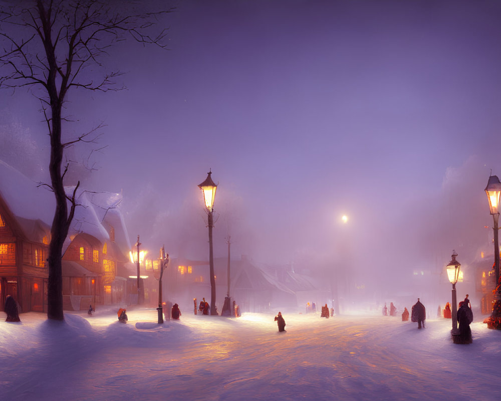 Snowy village street with lit-up houses and old-fashioned street lamps at dusk