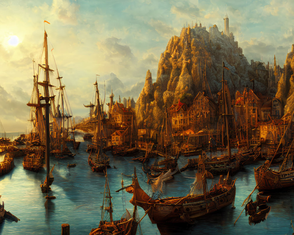 Fantasy harbor with ships, cliffs, and castles at sunset