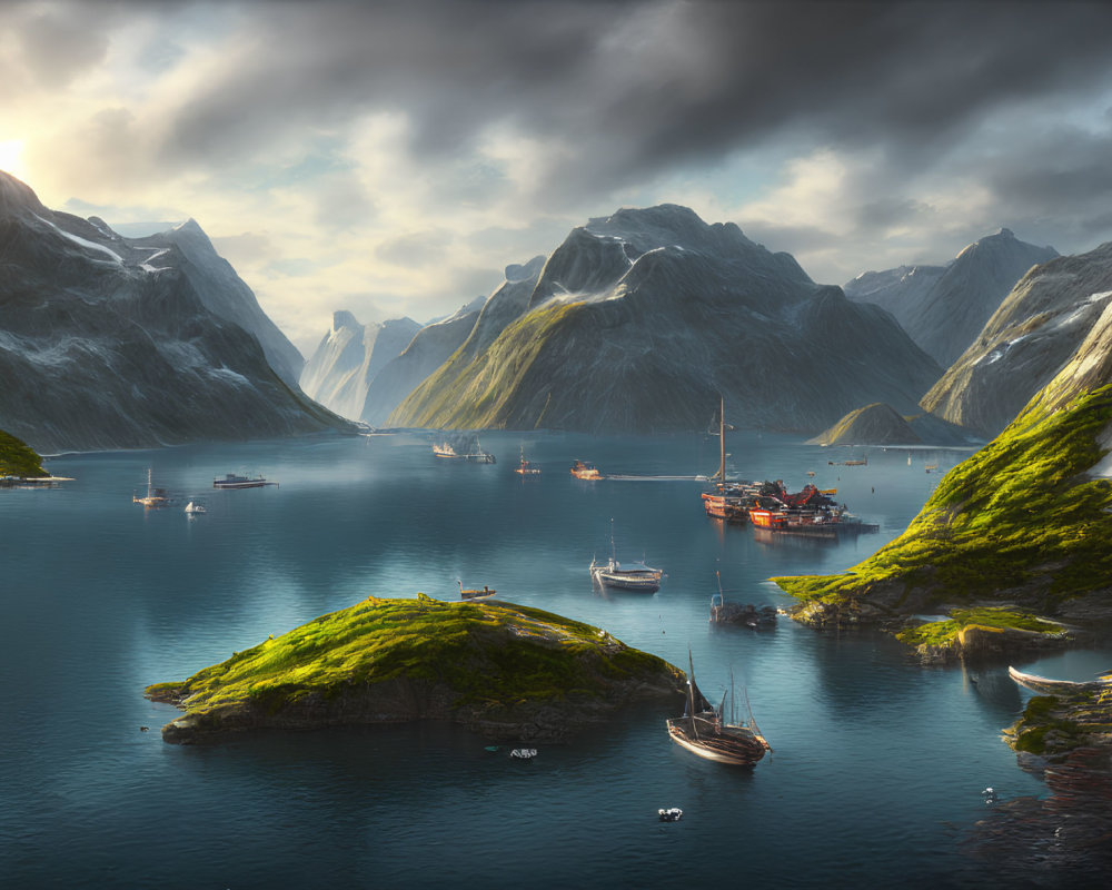 Tranquil fjord with steep mountains, boats, and golden light
