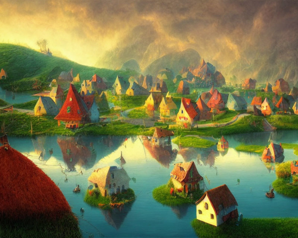 Tranquil fantasy village with thatched-roof houses by winding rivers at sunset