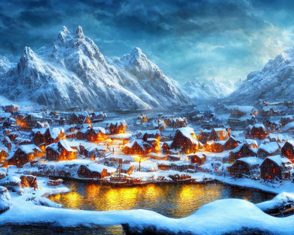 Snow-covered village nestled between mountains under twilight sky