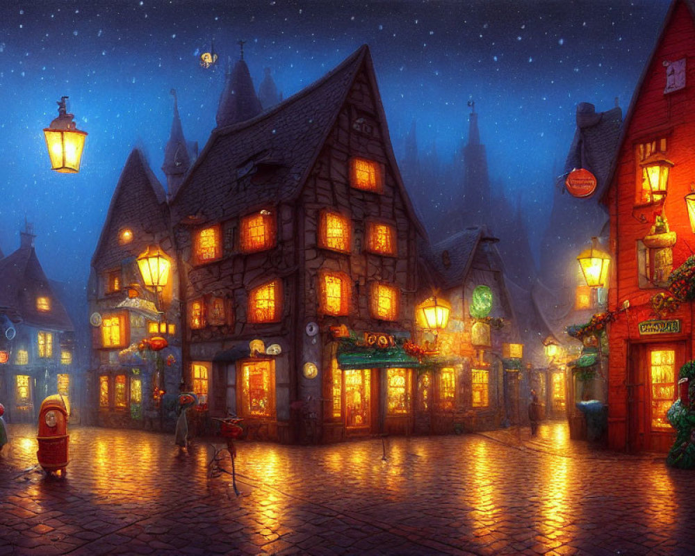 Enchanting cobblestoned street at night with glowing lanterns