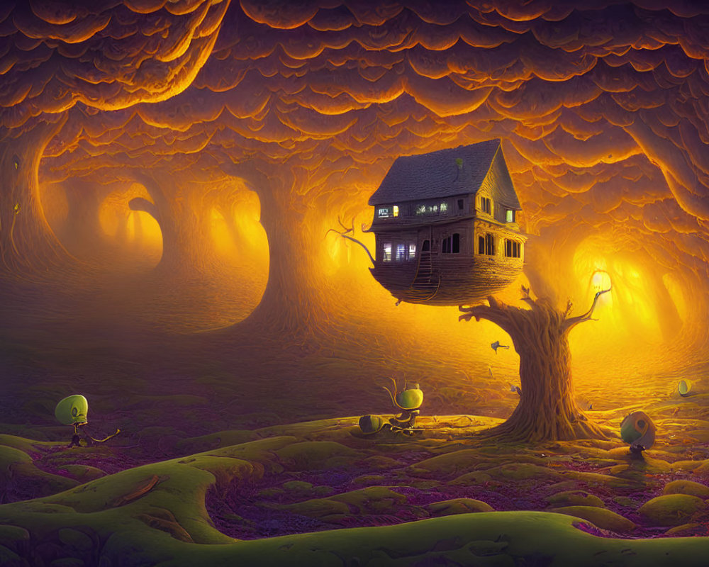 Golden glow landscape with tree house and whimsical creatures