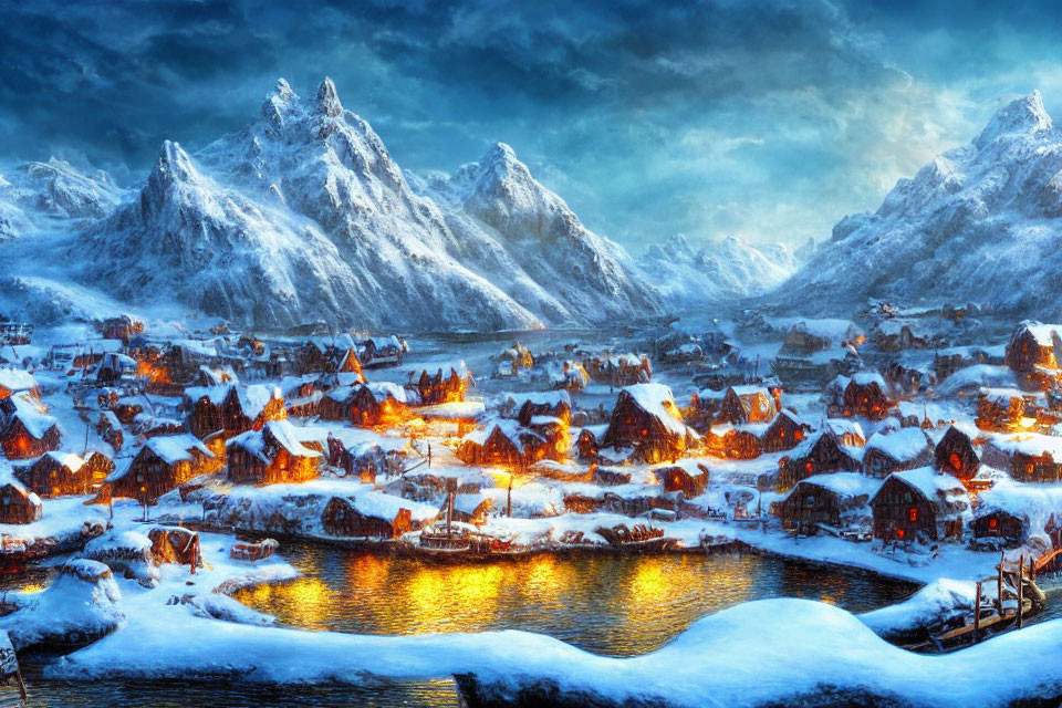 Snow-covered village nestled between mountains under twilight sky