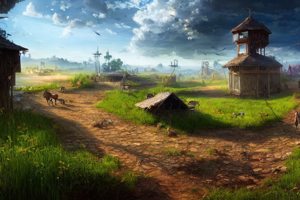 Rustic village scene with wooden towers, dirt path, animals, villagers, greenery, dramatic