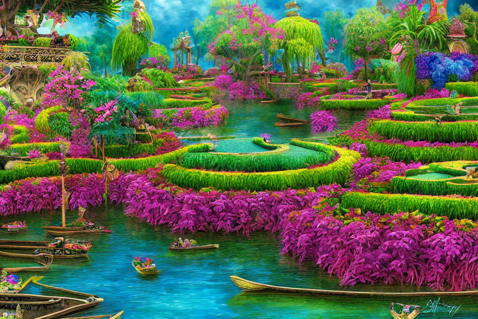 Colorful Fantasy Garden with Lush Vegetation and Waterways