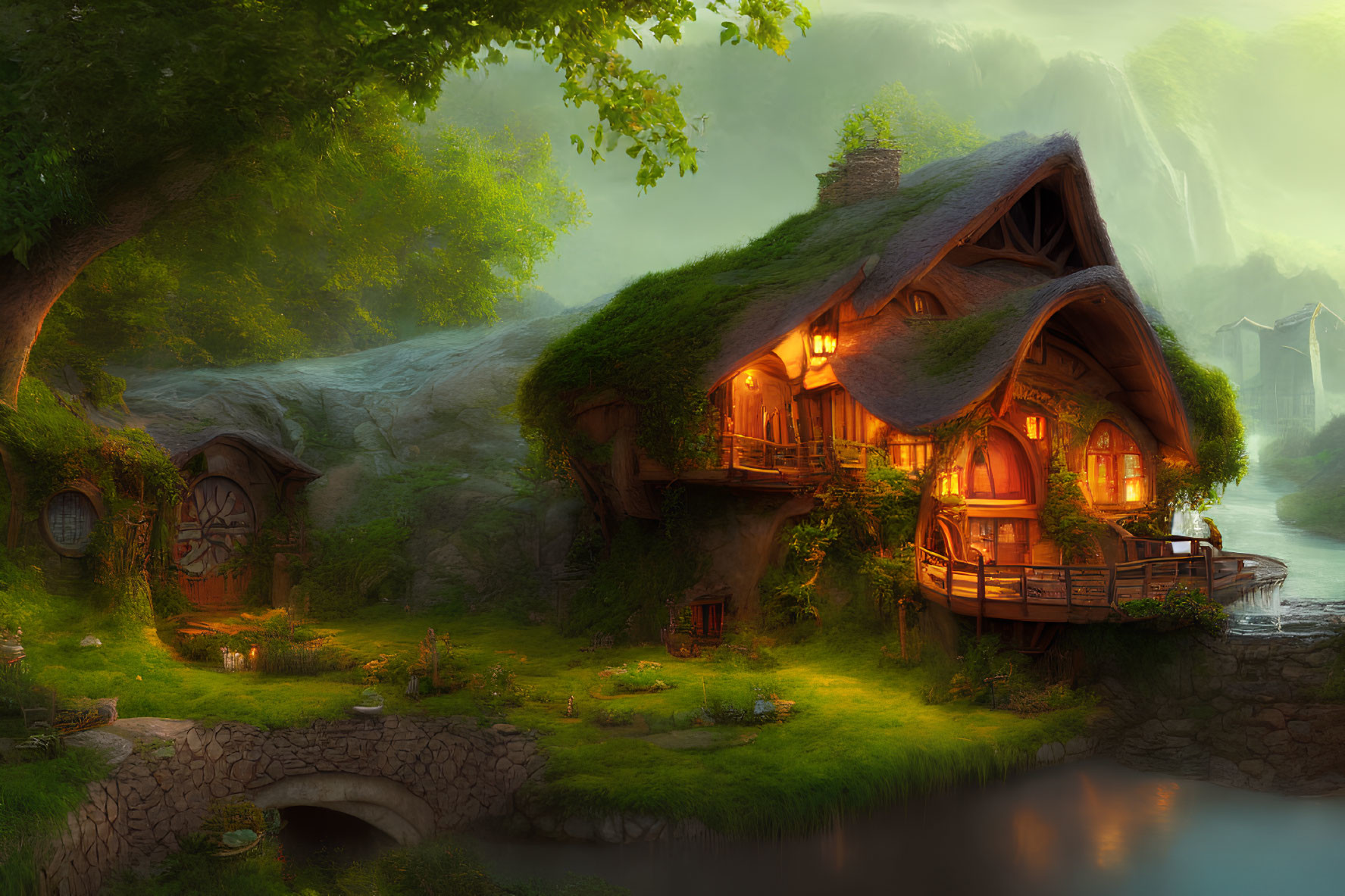 Cozy forest cottage with glowing windows by stream at twilight