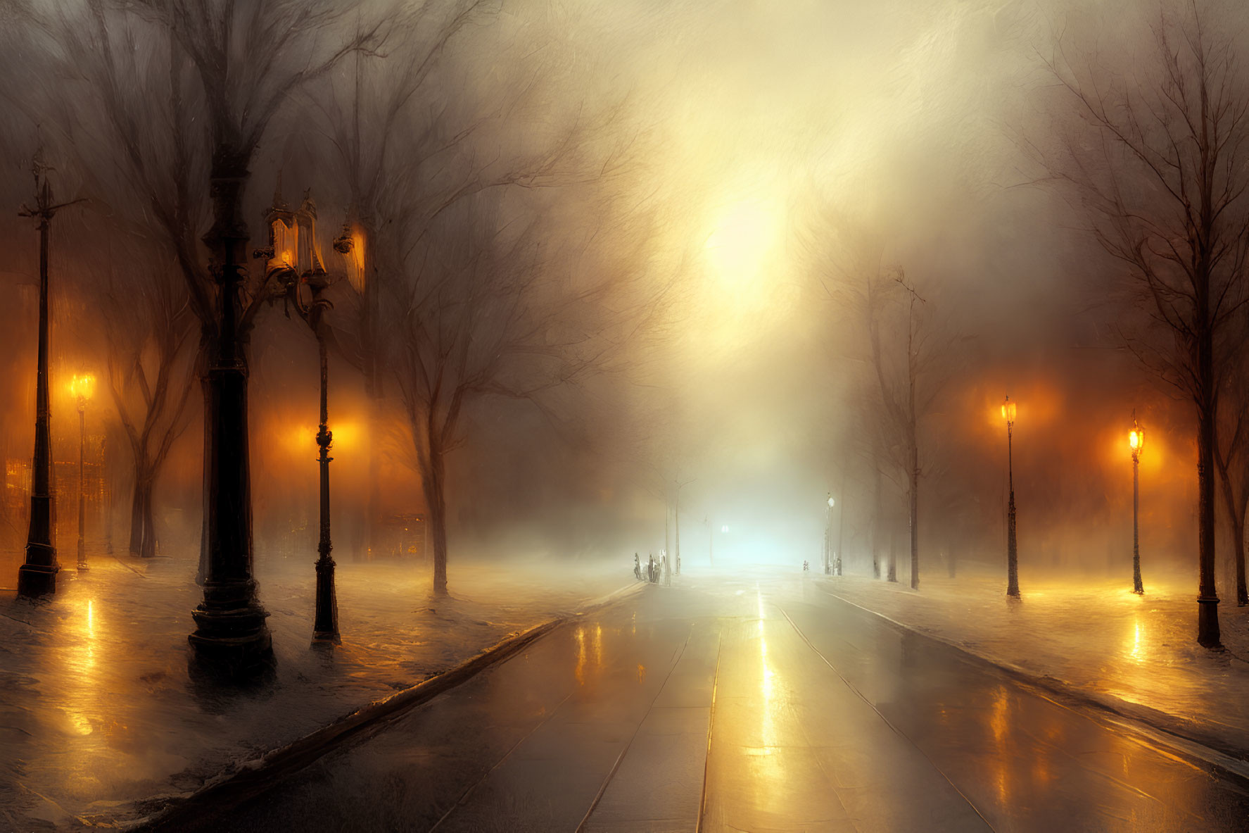 Foggy illuminated pathway with glowing street lamps and bare trees