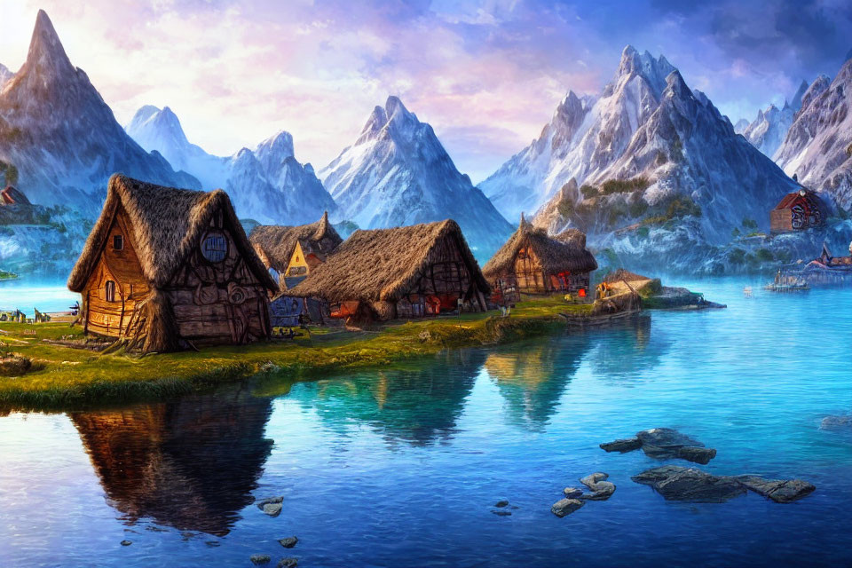 Scenic thatched-roof cottages by serene lake at sunset