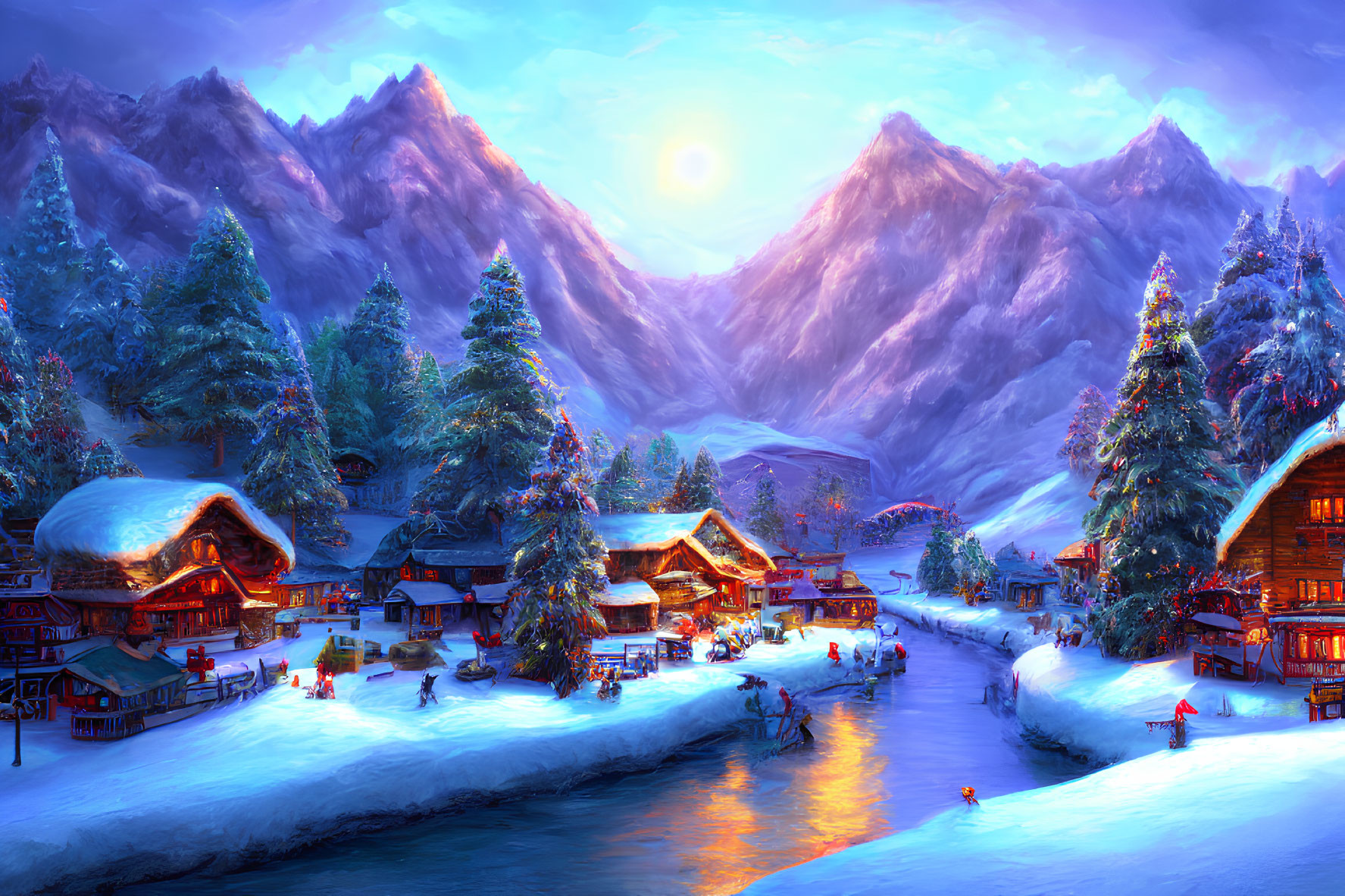 Scenic winter village with snow-covered cottages and mountains