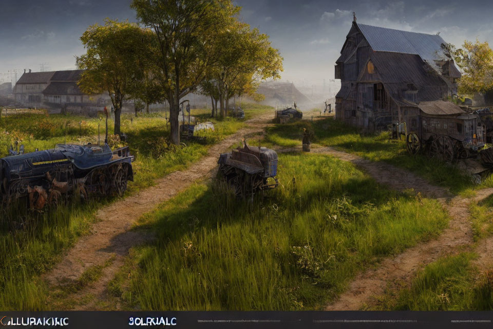 Rustic countryside scene with old farmhouse and vintage vehicles