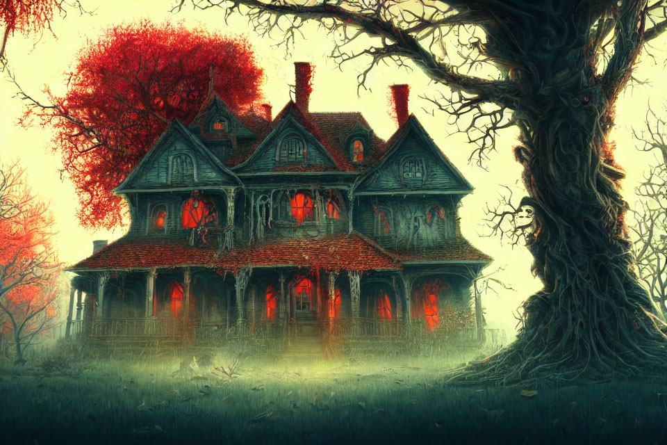 Victorian house with red glowing windows in spooky forest