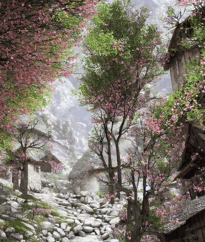 Tranquil village with cherry blossoms and misty mountains