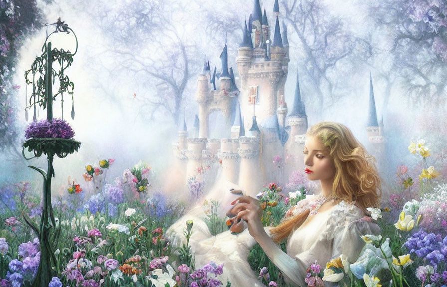 Woman in White Dress Surrounded by Flowers and Castle in Magical Setting