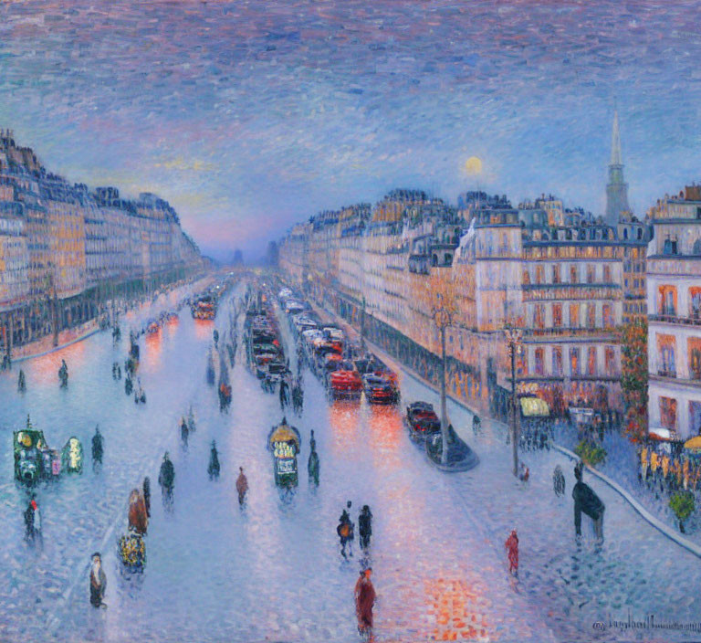 Impressionistic painting of bustling city street at dusk