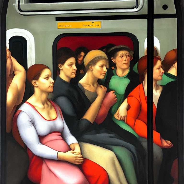 Vibrant painting depicts crowded subway car scene