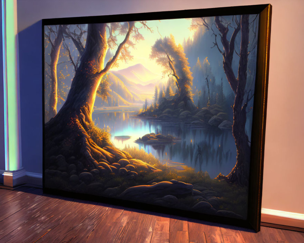 Large Framed Landscape Painting of Serene Forest Scene with Lake and Mountains