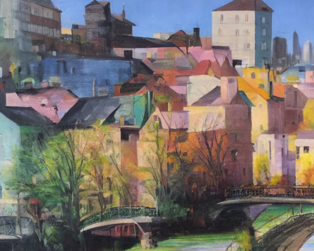 Vibrant urban riverfront painting with diverse buildings, bridge, and lush trees