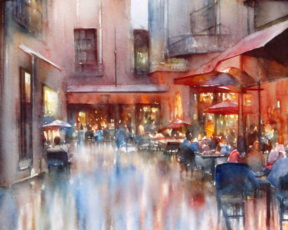Colorful Watercolor Painting of Street Café Scene