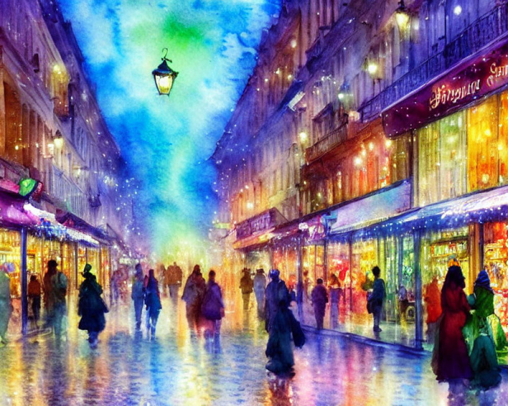 Colorful Impressionistic Street Scene with Pedestrians and Vintage Lamp