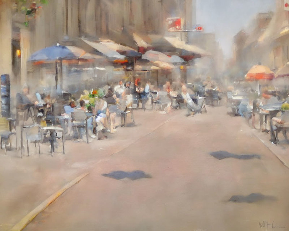 City street café scene with diners under umbrellas and surrounding buildings in soft focus.