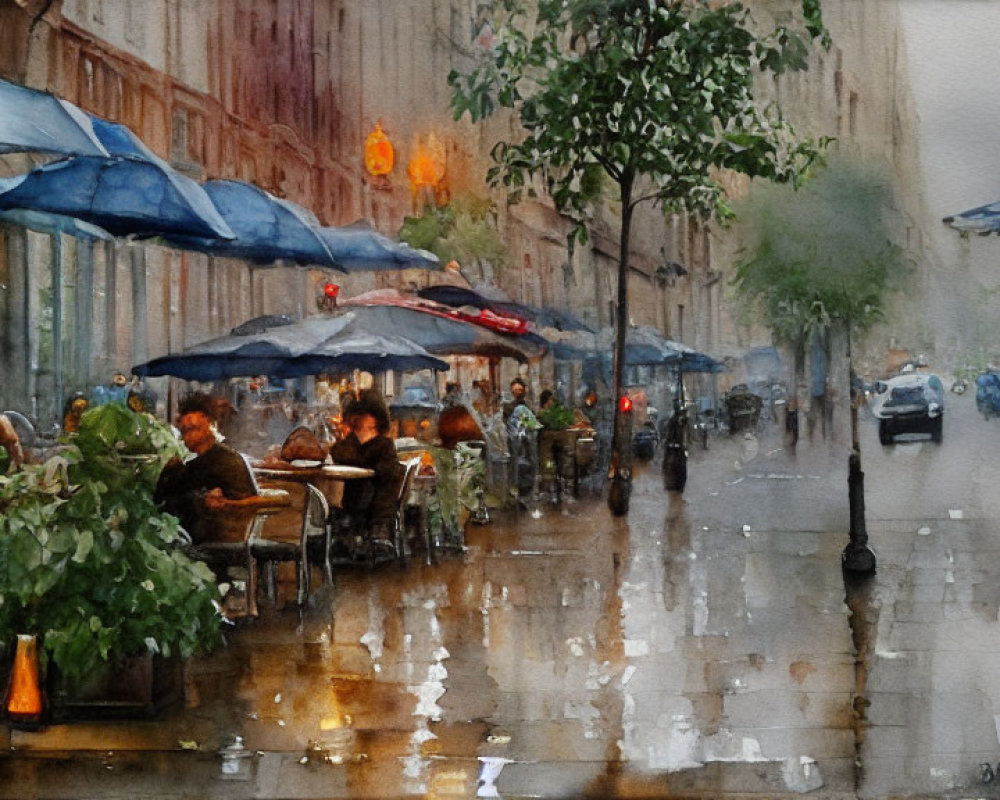 Rainy City Street Scene: Watercolor Painting of People Dining under Blue Umbrellas